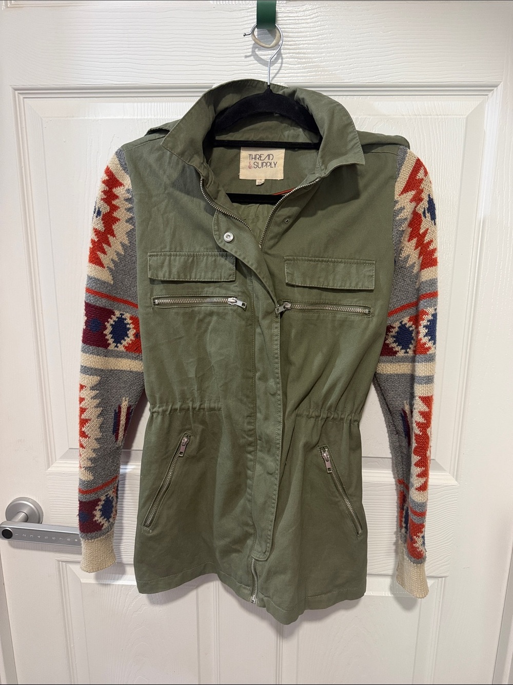Thread & Supply Olive Utility Jacket with Aztec Knit Sleeves
